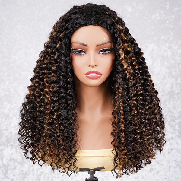 3 In 1 Half Wig | Water Wave Glueless Black Wig With Golden Brown Highlight Wear Go Half Wig