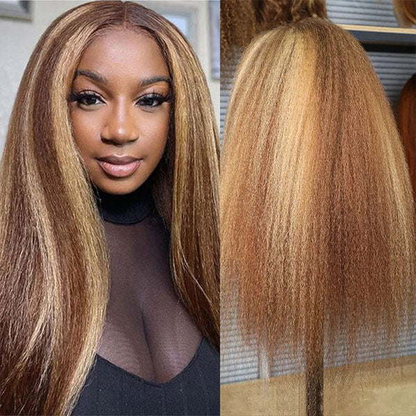 CLEARANCE | Kinky Straight Glueless Highlight Brown Color Wear Go Wig