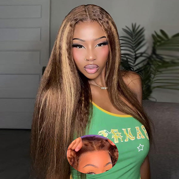 CLEARANCE | Kinky Straight Glueless Highlight Brown Color Wear Go Wig