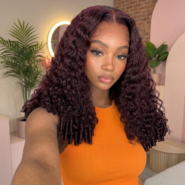 Burmese Curly Dark Plum Color Wear Go Wig Human Hair Pre Plucked Adjustable Drawstring Glueless Wigs