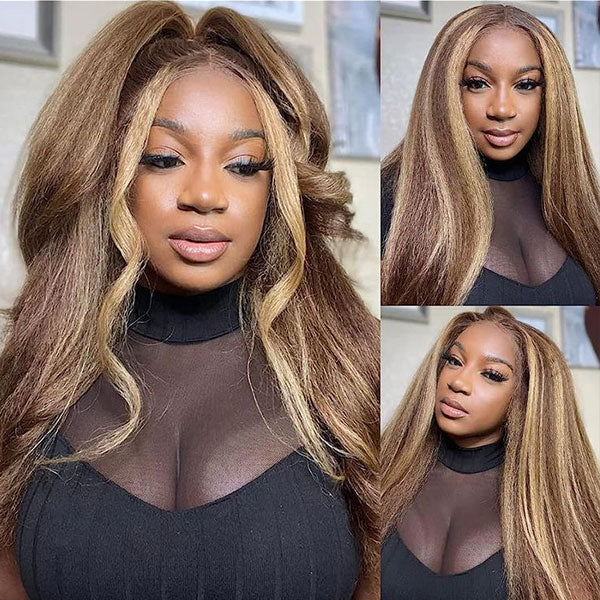 CLEARANCE | Kinky Straight Glueless Highlight Brown Color Wear Go Wig