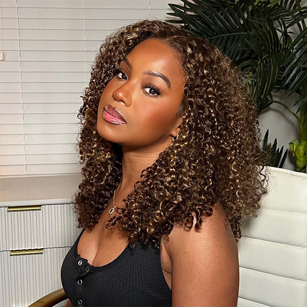 Exclusive Flash | Kinky Curly Glueless Bob Wig Highlight Ombre Pre Cut 7x5 Lace Wear Go Wig