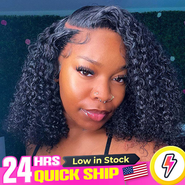 US Warehouse Quick Ship | Short Bob Wigs Kinky Curly Human Hair 13x4 Lace Front Wigs Pre Plucked with Baby Hair