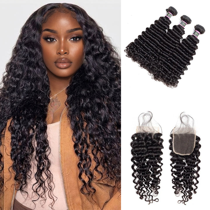 Water Wave Virgin Human Hair 3 Bundles With 4x4 Lace Closure
