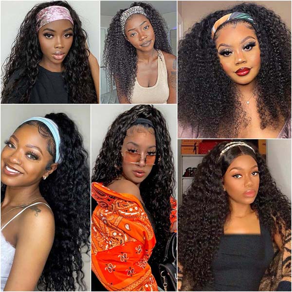 Kinky Curly Headband Wig Human Hair Scarf Wig No Gel No Glue Jerry Curl Hair Wig with Headband 180% Density