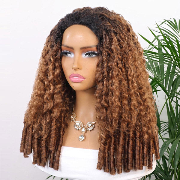 OQ HAIR Ombre Brown Color Burmese Curly Half Wig Human Hair 280 Density Glueless Wear and Go Wigs 3 In 1 Half Wigs for Women Drawstring Seamless Flip Over Beginner Friendly