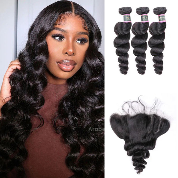 Loose Wave Human Hair 3 Bundles with 13*4 Lace Frontal Natural Black