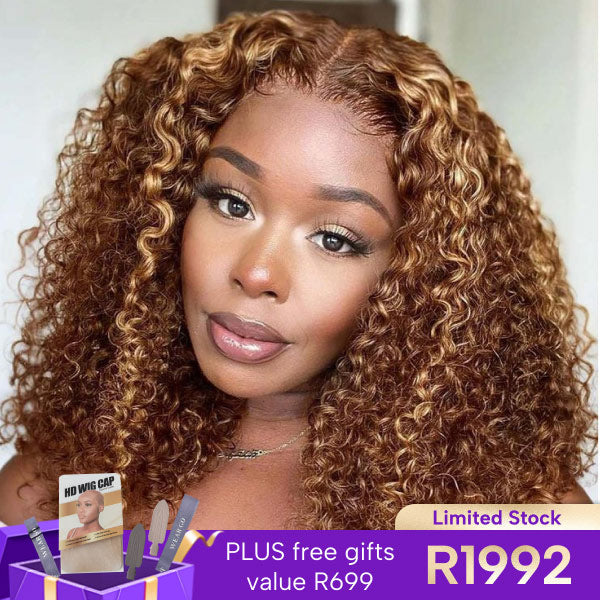 80% OFF | Highlight Ombre Brown Kinky Curly Lace Front Bob Wig