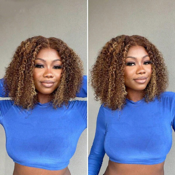 80% OFF | Highlight Ombre Brown Kinky Curly Lace Front Bob Wig