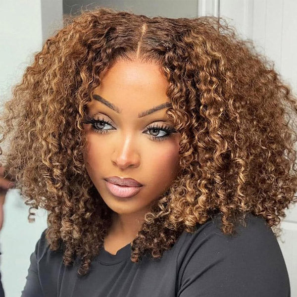 80% OFF | Highlight Ombre Brown Kinky Curly Lace Front Bob Wig
