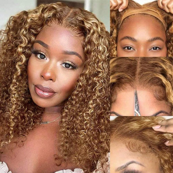 80% OFF | Highlight Ombre Brown Kinky Curly Lace Front Bob Wig
