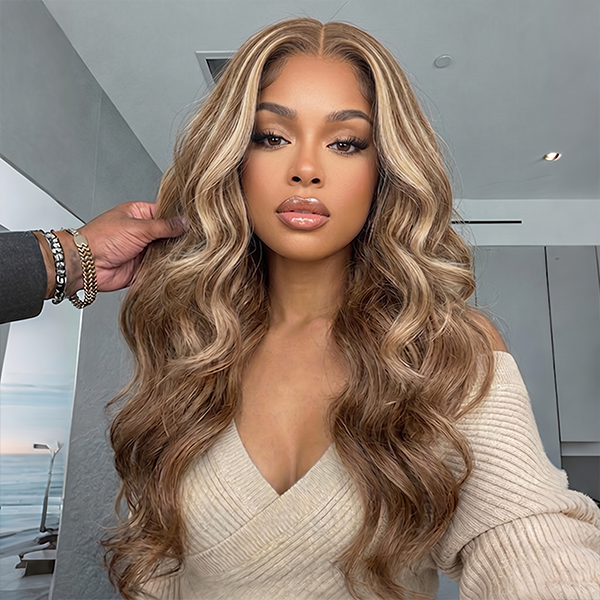 OQ HAIR Ash Honey Blonde Color Highlight Body Wave Pre-Cut Lace Pre Plucked Wear Go Wig