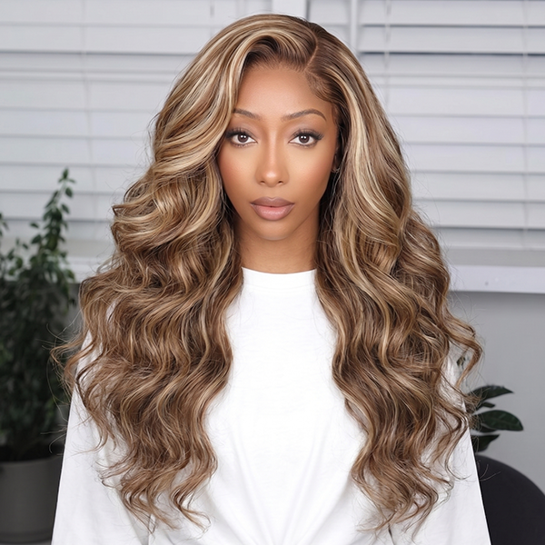 OQ HAIR Ash Honey Blonde Color Highlight Body Wave Pre-Cut Lace Pre Plucked Wear Go Wig