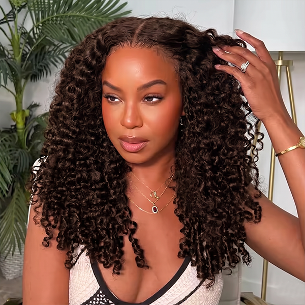 OQ HAIR Chocolate Brown #4 Color Glueless Burmese Curly Wig Snug Fit Wear Go Wig With Drawstring