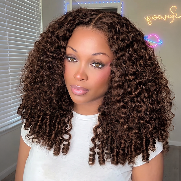 OQ HAIR Chocolate Brown #4 Color Glueless Burmese Curly Wig Snug Fit Wear Go Wig With Drawstring