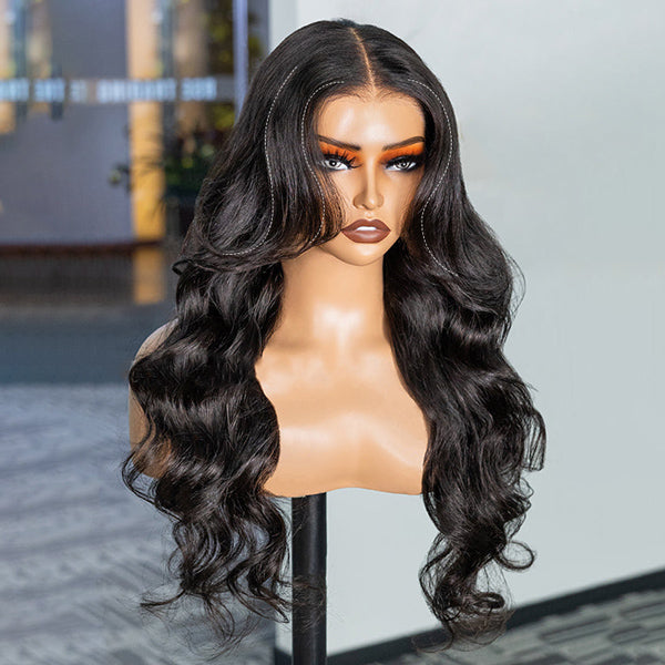 OQ HAIR Layered Glueless Body Wave Face-Framing Curtain Bangs Pre-Cut 7x5 HD Lace Wear Go Wig Bleached Knots
