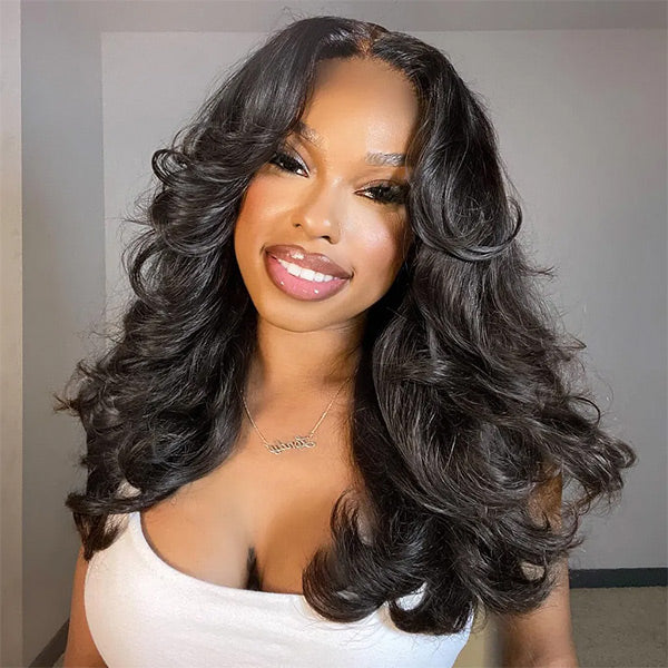 OQ HAIR Layered Glueless Body Wave Face-Framing Curtain Bangs Pre-Cut 7x5 HD Lace Wear Go Wig Bleached Knots