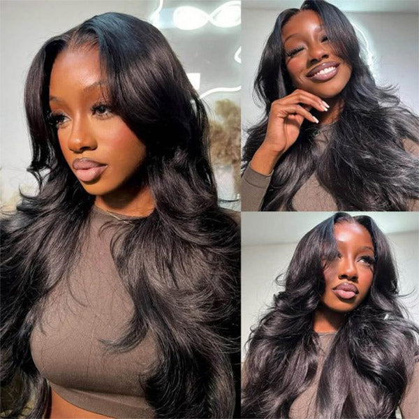 OQ HAIR Layered Glueless Body Wave Face-Framing Curtain Bangs Pre-Cut 7x5 HD Lace Wear Go Wig Bleached Knots
