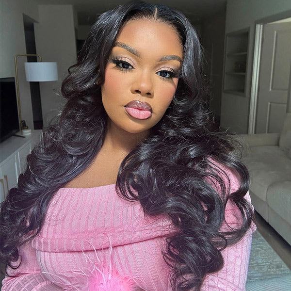 OQ HAIR Layered Glueless Body Wave Face-Framing Curtain Bangs Pre-Cut 7x5 HD Lace Wear Go Wig Bleached Knots