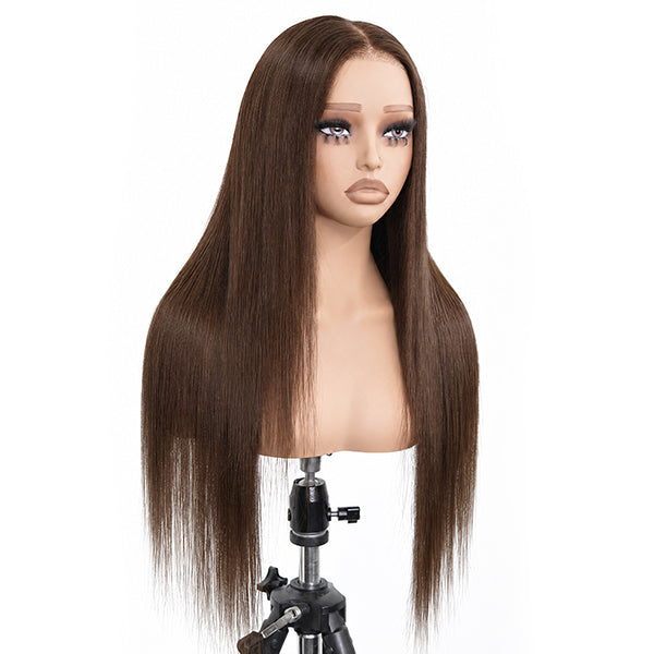 OQ HAIR Chocolate Brown Yaki Straight Wear Go 13x6 Frontal Wig Pre-cut Melted Lace Glueless Wig Bleached Knots
