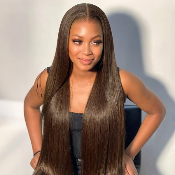 OQ HAIR Chocolate Brown Yaki Straight Wear Go 13x6 Frontal Wig Pre-cut Melted Lace Glueless Wig Bleached Knots