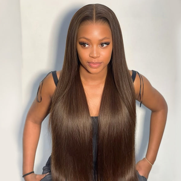 OQ HAIR Chocolate Brown Yaki Straight Wear Go 13x6 Frontal Wig Pre-cut Melted Lace Glueless Wig Bleached Knots