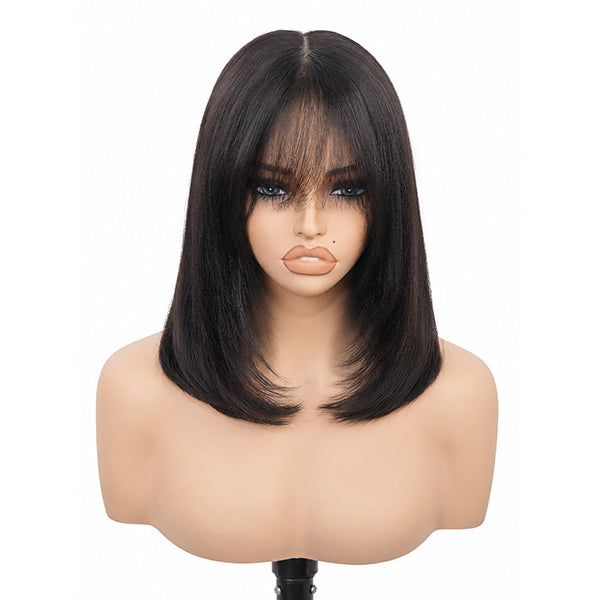 OQ HAIR Everyday Wear Face Framing Layered Yaki Straight Bob Wig With Bangs 9x6 T Part Lace Low Maintenance