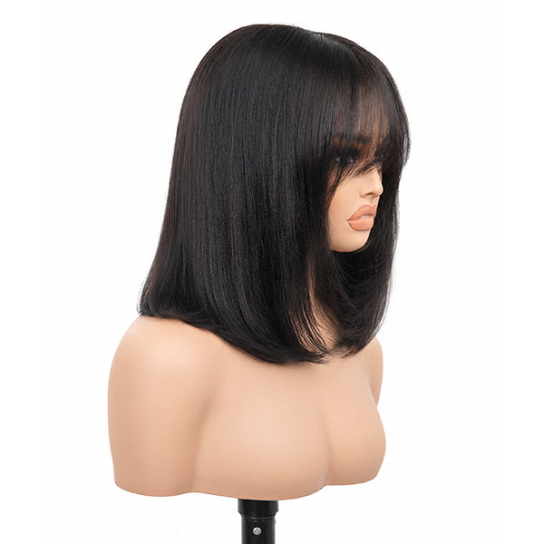 OQ HAIR Everyday Wear Face Framing Layered Yaki Straight Bob Wig With Bangs 9x6 T Part Lace Low Maintenance