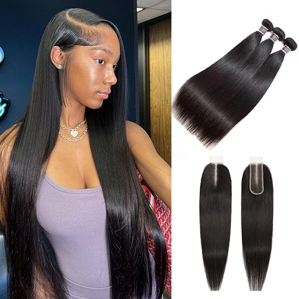 Straight Virgin Human Hair 3 Bundles With 2x6 Deep Parting HD Lace Closure