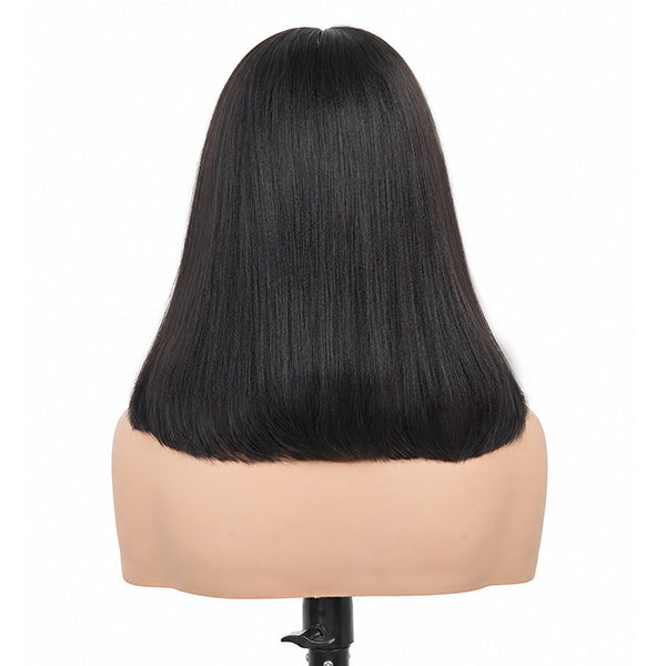 OQ HAIR Everyday Wear Face Framing Layered Yaki Straight Bob Wig With Bangs 9x6 T Part Lace Low Maintenance