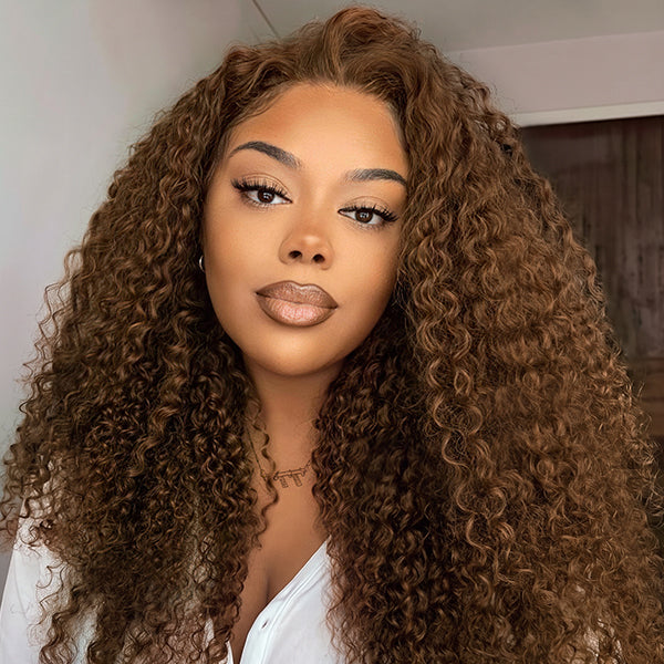 OQ HAIR Chocolate Brown Kinky Curly Wear Go Wig Invisible Lace Pre Plucked Hairline Human Hair Closure Wig