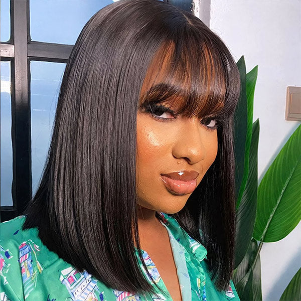 OQ HAIR Everyday Wear Face Framing Layered Yaki Straight Bob Wig With Bangs 9x6 T Part Lace Low Maintenance