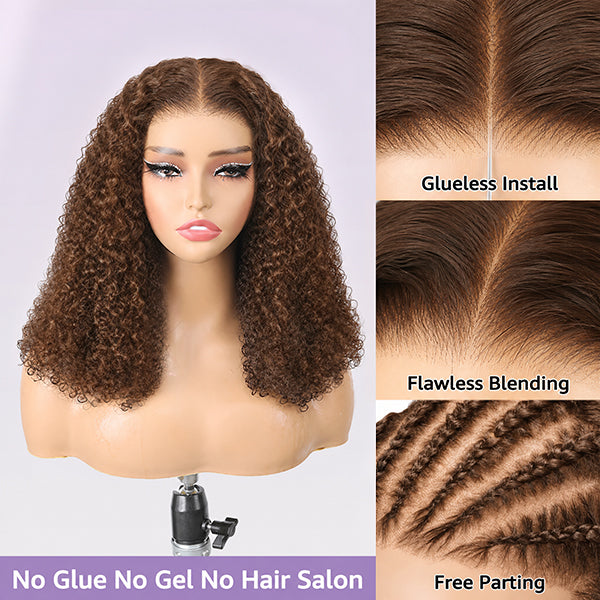 OQ HAIR Chocolate Brown Kinky Curly Wear Go Wig Invisible Lace Pre Plucked Hairline Human Hair Closure Wig