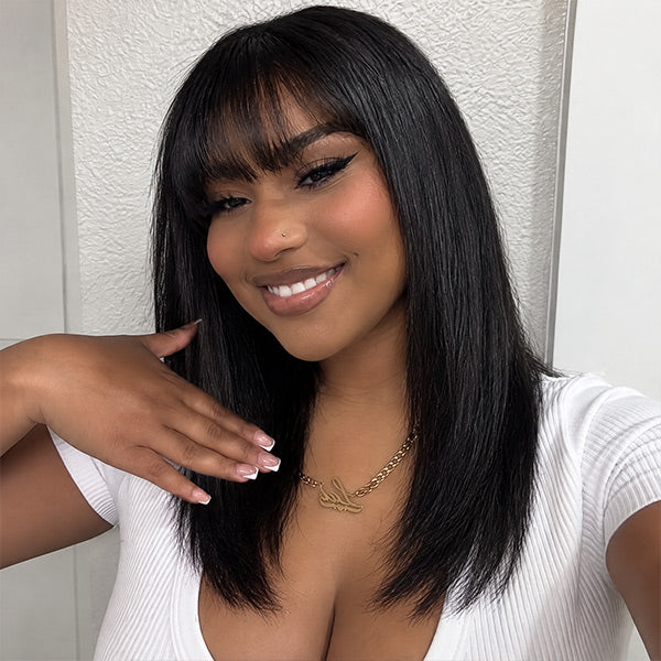 OQ HAIR Everyday Wear Face Framing Layered Yaki Straight Bob Wig With Bangs 9x6 T Part Lace Low Maintenance
