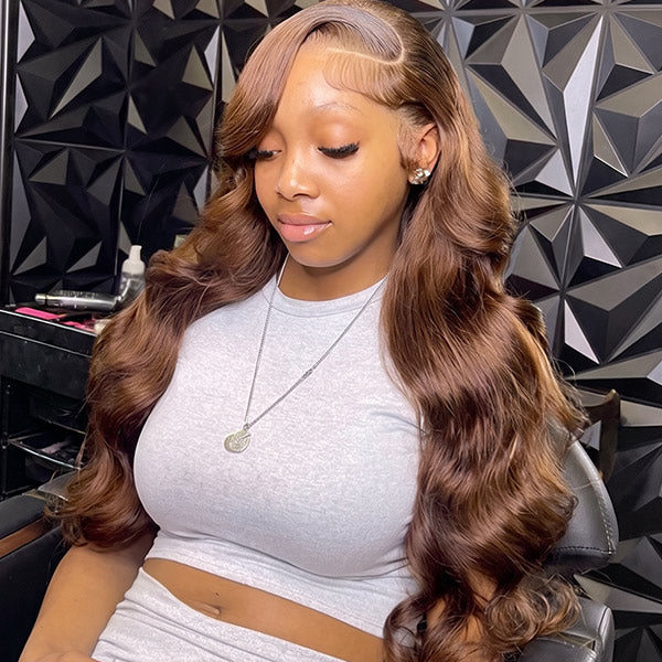 OQ HAIR #4 Chocolate Brown Color Body Wave Glueless 13x6 Lace Front Wig Pre Plucked Natural Hairline 100% Virgin Human Hair