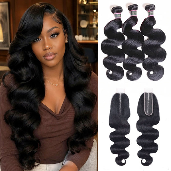Body Wave Unprocessed Human Hair Weaves 3 Bundles With 2x6 HD Lace Deep Part Closure