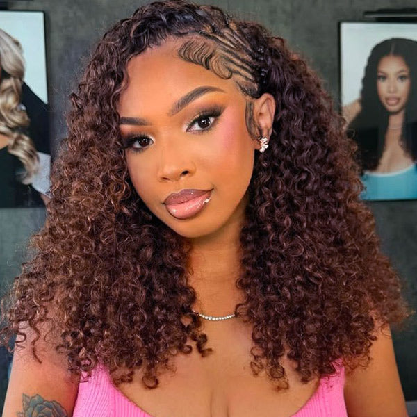 3 In 1 Half Wig | Reddish Brown Water Wave Wear Go Half Wig Daily Wear Drawstring Flip Over Wig