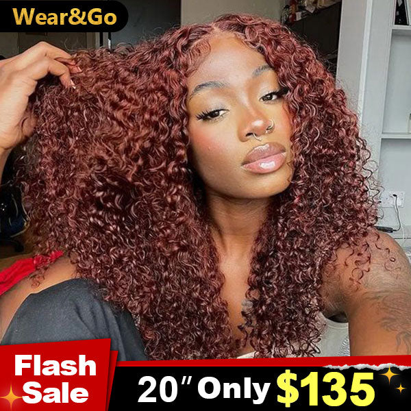 Flash Sale | Reddish Brown Kinky Curly 4x6 Lace Wear Go Glueless Wigs PrePlucked Color Wigs
