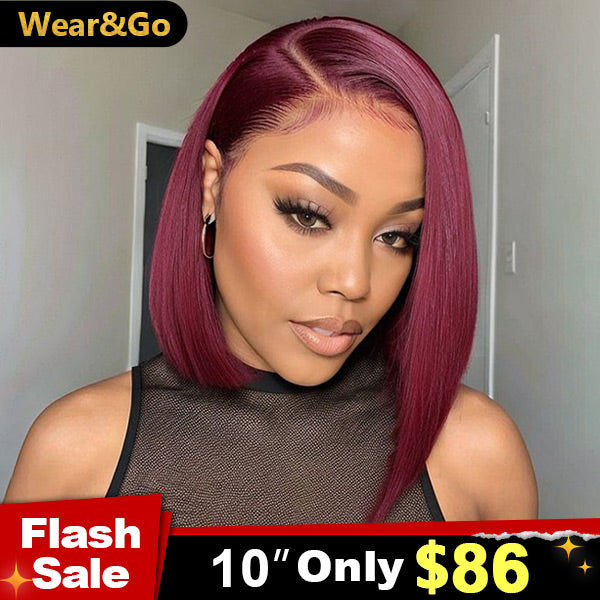 Flash Sale | 180% Density Wear Go Glueless Bob Wigs 99j Burgundy Color Pre Cut Lace Straight 4x6 Lace Closure Wigs PrePlucked With Human Hair