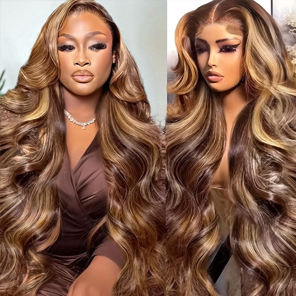 OQ HAIR Glueless Body Wave Highlight Ombre Brown Pre-Cut 7x5 Lace Wear Go Wig Daily Glam