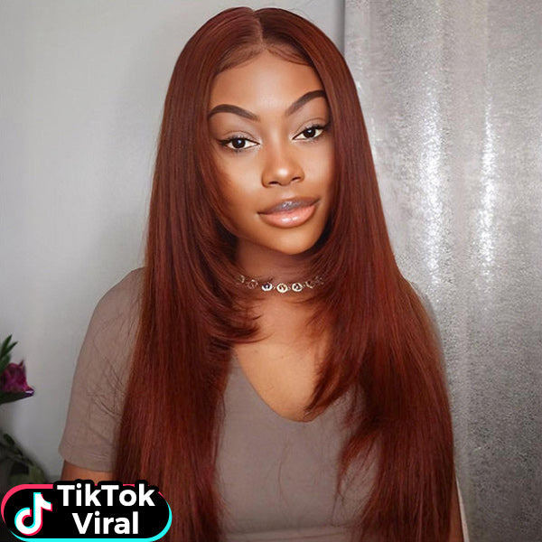 TikTok Viral Reddish Brown Layered Silk Straight Wear Go Wig Glueless Install