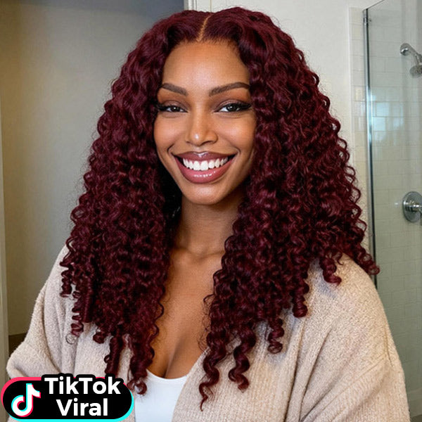 TikTok Viral Burgundy 99J Burmese Curly 9x6 Lace Wear Go Wig With Drawstring