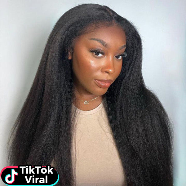 TikTok Viral Kinky Straight 100% Glueless Wear Go Wig With Bleached Knots