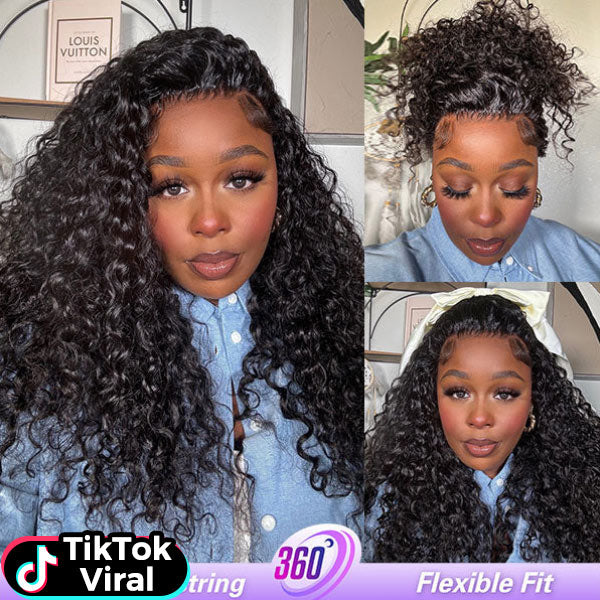 TikTok Viral Water Wave Invisi-Drawstring Bleached Knots Lace Frontal Wear Go 360 Glueless Wig