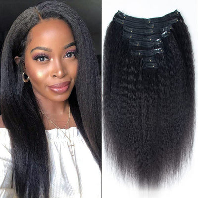 OQHAIR Kinky Straight Clip In Extension Human Hair Natural Black Color