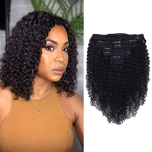 OQHAIR Kinky Curly Clip In Extension Human Hair Natural Black Color