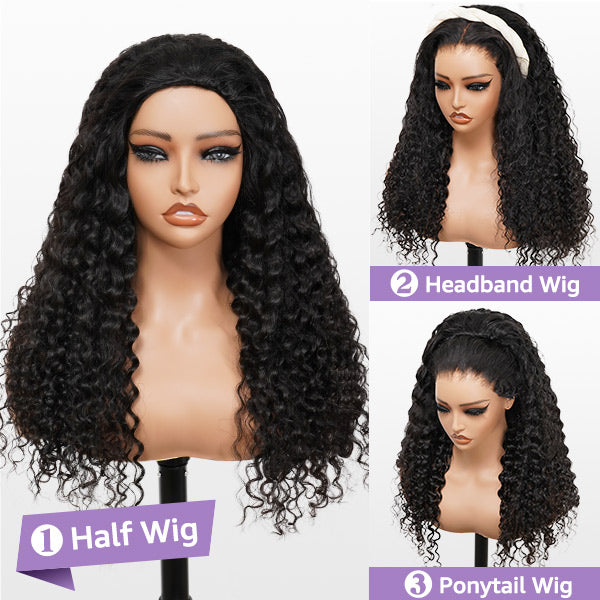 3 In 1 Half Wig | Glueless Invisible Water Wave Half Wig Flip Over Human Hair Wig
