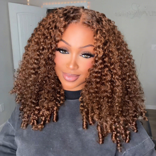 OQ HAIR Burmese Curly Glueless Wig Chocolate Brown Color Pre Cut 9x6 Lace Wear Go Wig With Elastic Drawstring