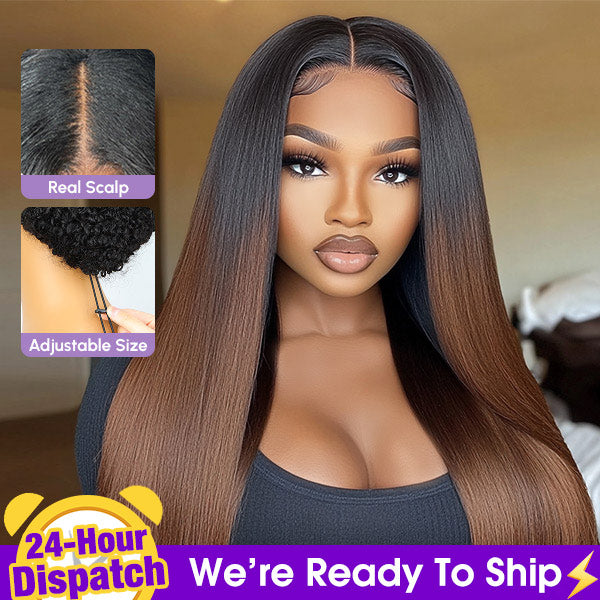 24h Shipping | Glueless Yaki Straight Chestnut Brown Ombre Color Drawstring Cap V Part Wig Easy Install