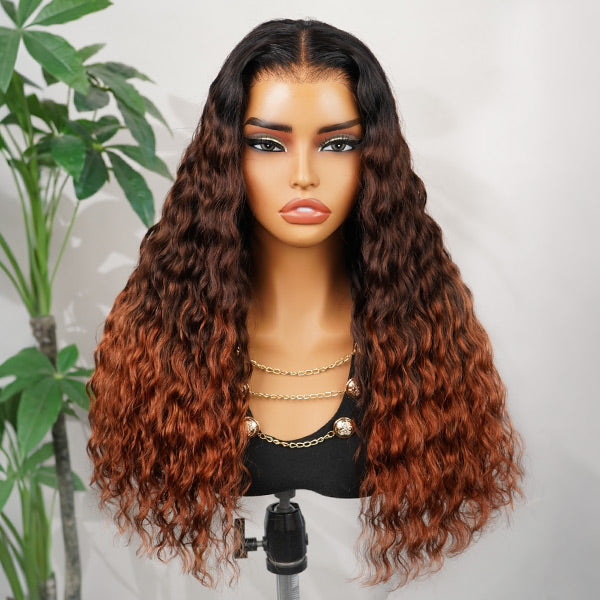 OQ HAIR Glueless Micro Water Wave Black Brown To Copper Ombre Color Custom Fit Drawstring Wear Go Wig Natural Blend